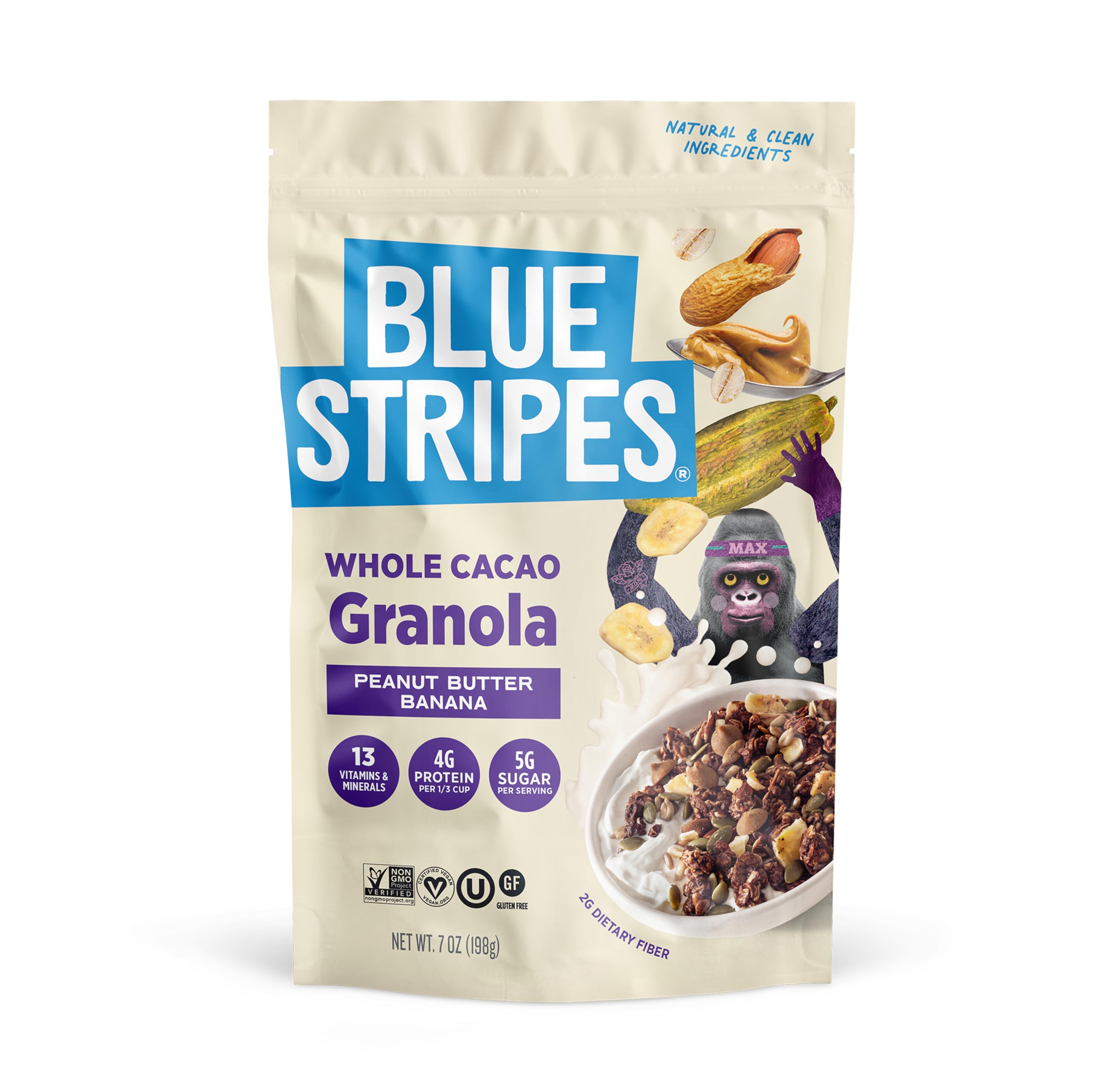 Blue Stripes Whole Cacao Granola - Gluten Free Dark Chocolate Granola for Cereal, Oatmeal, Yogurt, 4g Protein Per Serving, Source of Fiber, Vegan, Low Sugar - Peanut Butter Banana, 7 oz