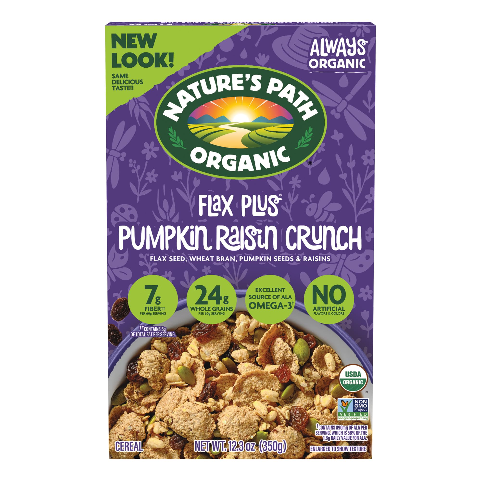 Nature's Path Organic Pumpkin Raisin Crunch Cereal, 12.3 oz (Pack of 1) | ALA Omega-3 rich flax seeds, 24g whole grains, 7g fiber, pumpkin seeds, raisins, crunchy granola clusters