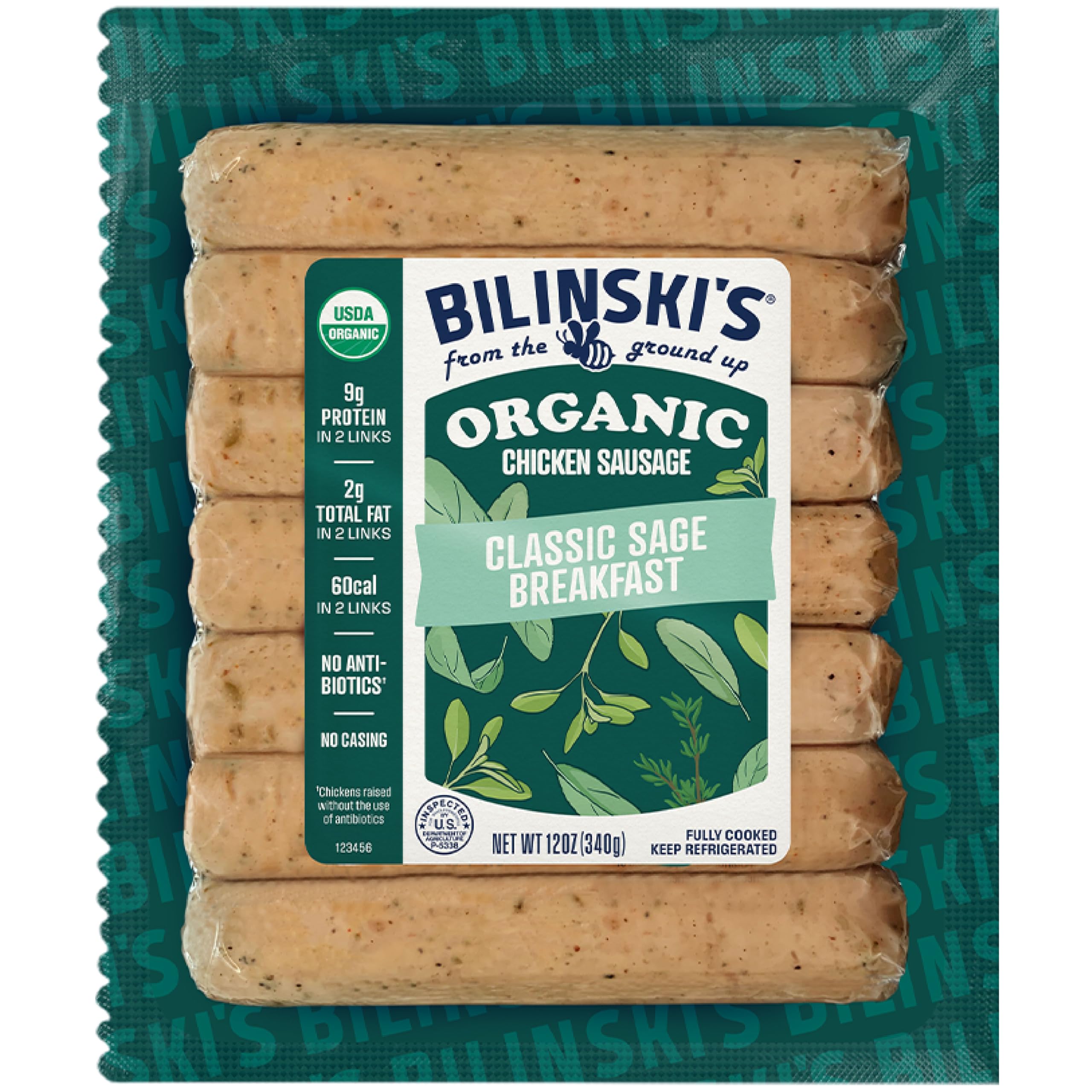 Bilinski's Organic Sage Breakfast Chicken Sausage, 9g Protein/60 Calories, Fully Cooked, GAP Certified Chicken, No Antibiotics, No Nitrates, No Additives, Casing Free, 12oz