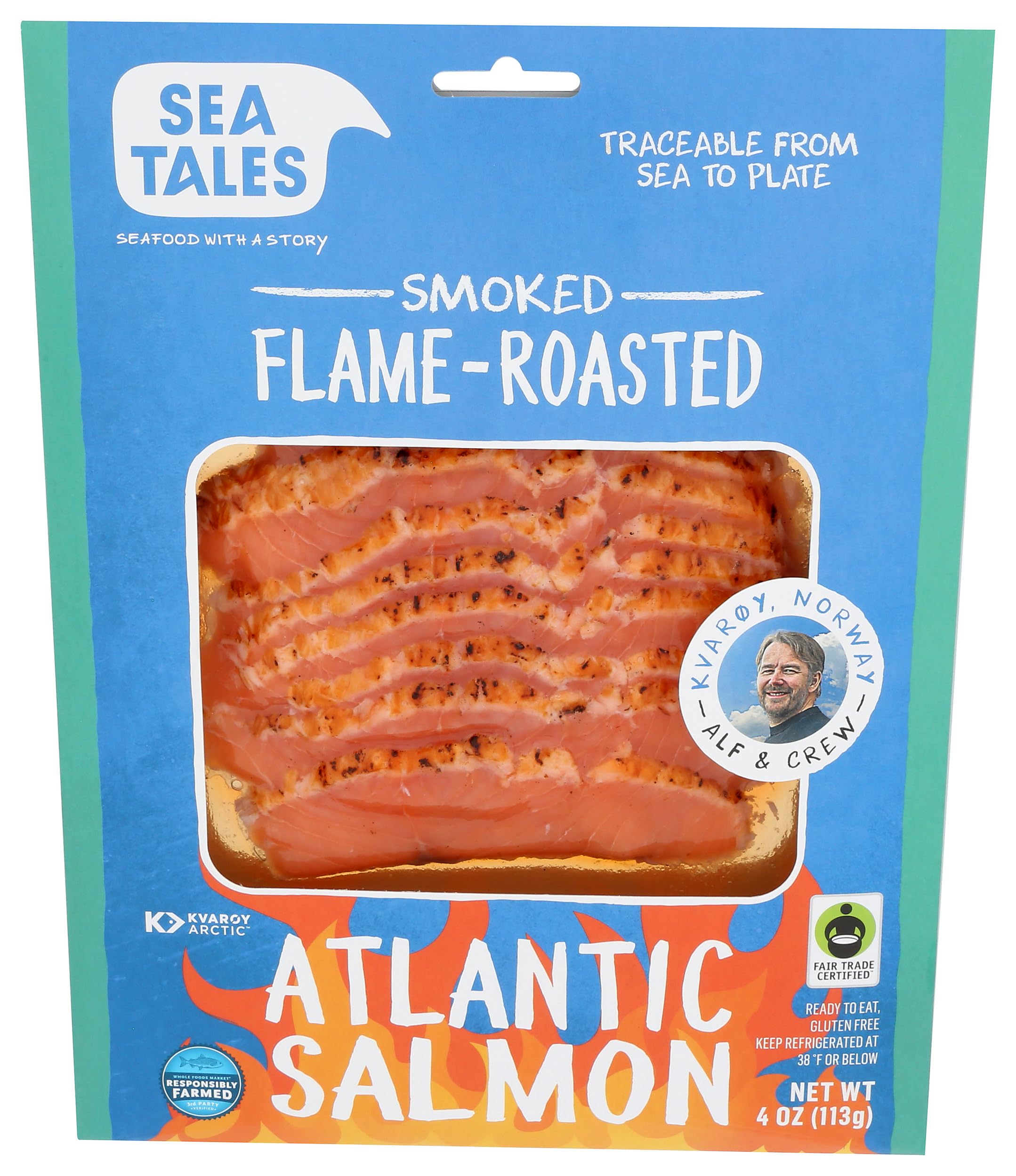 Sea Tales, Salmon Atlantic Smoked Flame Roasted Previously Frozen, 4 Ounce
