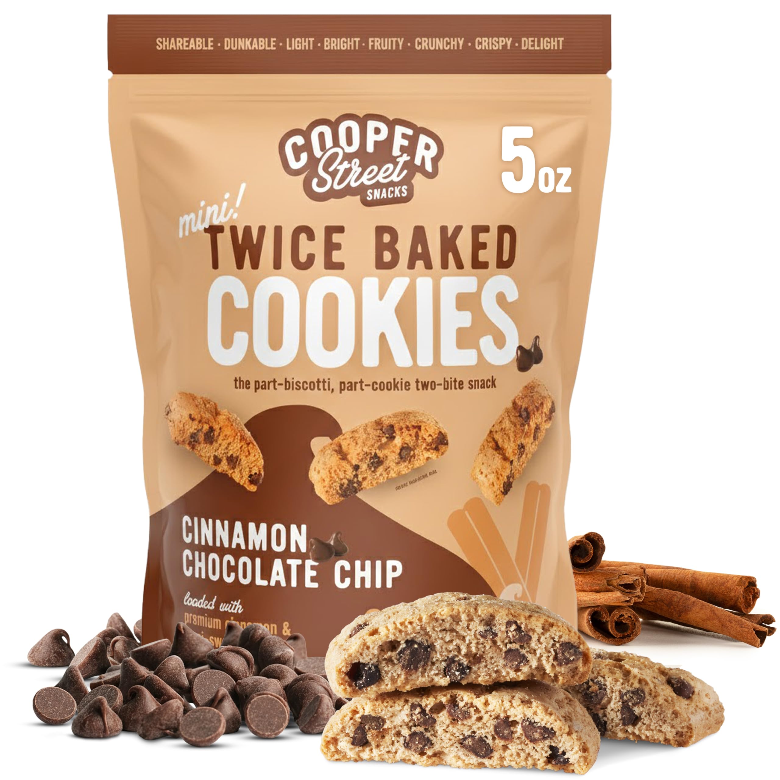 Cooper Street Bakery Cinnamon Chocolate Chip Cookies, 5 OZ | Twice Baked Italian Style Biscotti Cookies, Peanut, Soy & Dairy Free, Low Sodium Snacks, Kosher, Perfect With Coffee Or Tea
