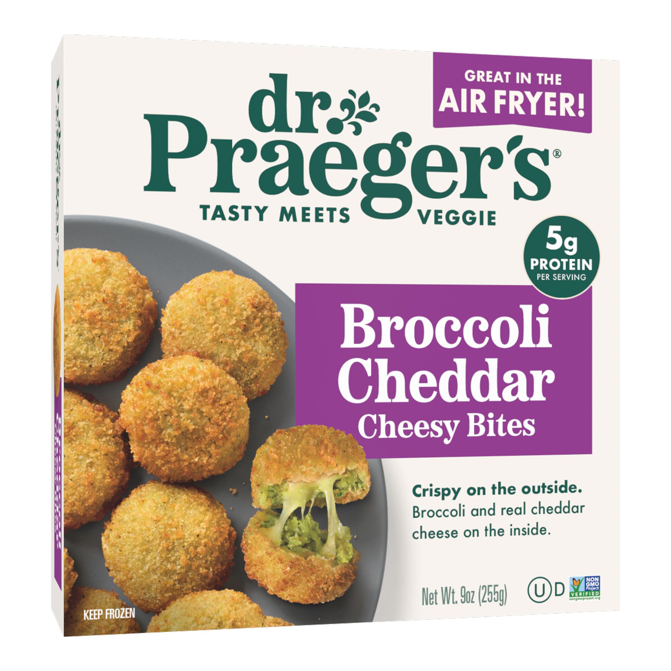 Dr. Praeger's Broccoli Cheddar Cheesy Bites, 9 oz | Crispy bites filled with broccoli and real cheddar cheese; 5g protein per serving and easy air fryer preparation