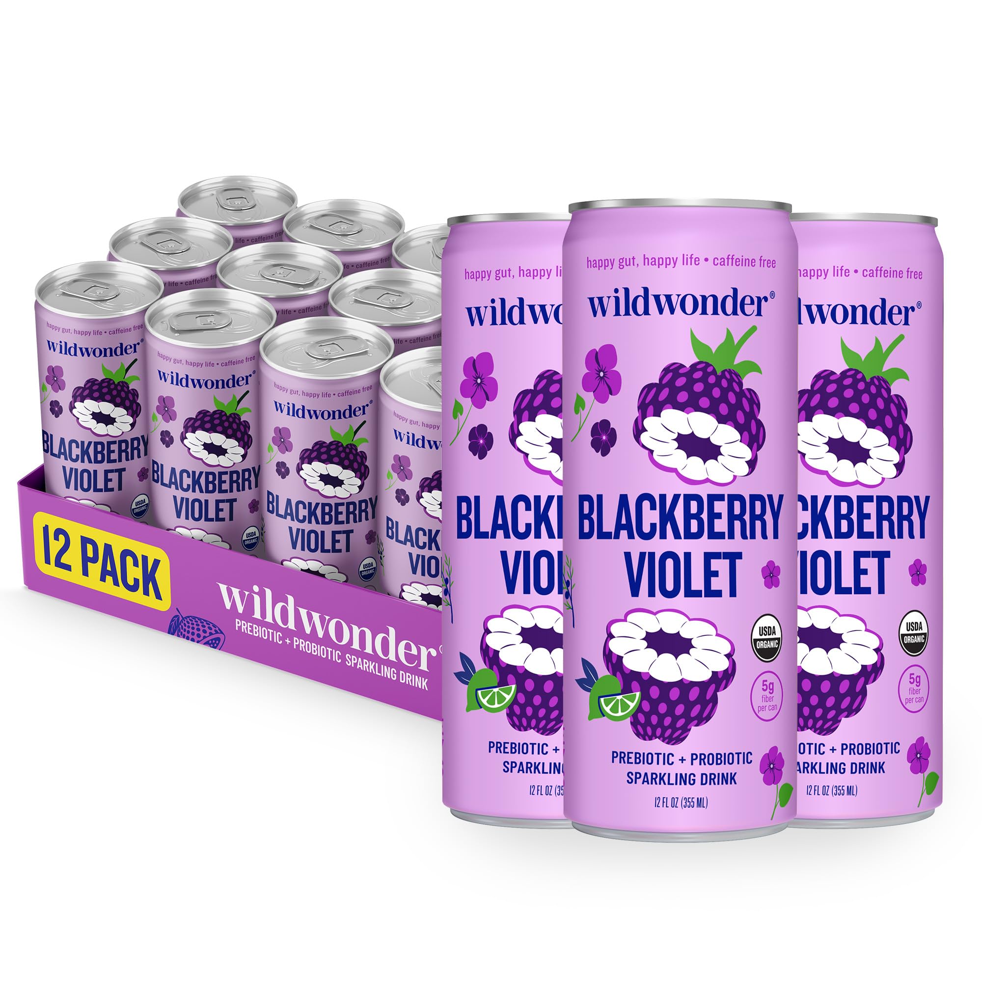 wildwonder Blackberry Violet Sparkling Probiotic Drink, 12 Pack | Gut health & immune support | 5g prebiotic fiber | Live probiotics | Organic, vegan, low sugar | 12oz | Seen on Shark Tank