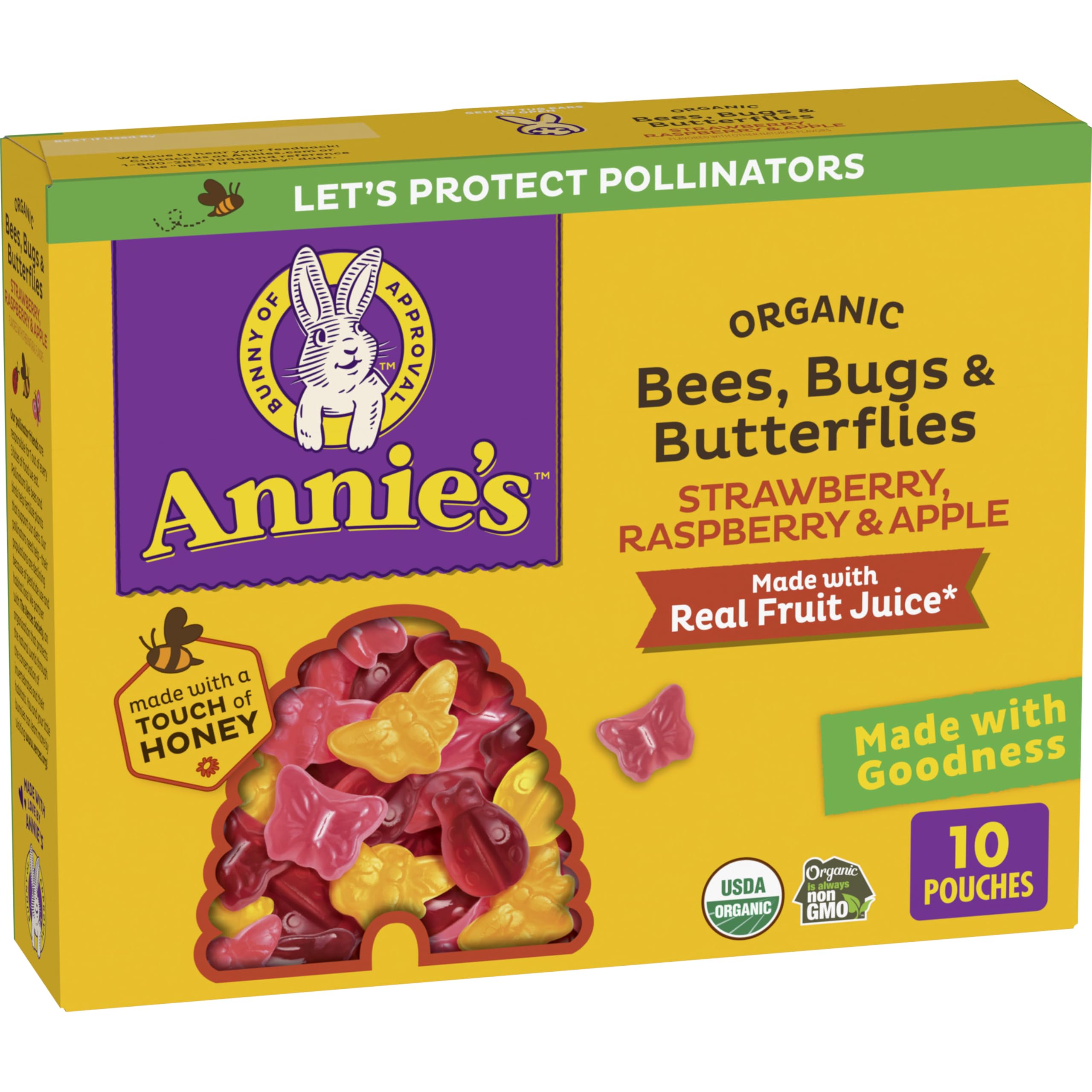 Annie's Organic Bees, Bugs & Butterflies Fruit Flavored Snacks, 10ct, 7 oz | Strawberry, Raspberry & Apple Flavors, Vegan Kids Snacks, Individually Wrapped for Lunchboxes