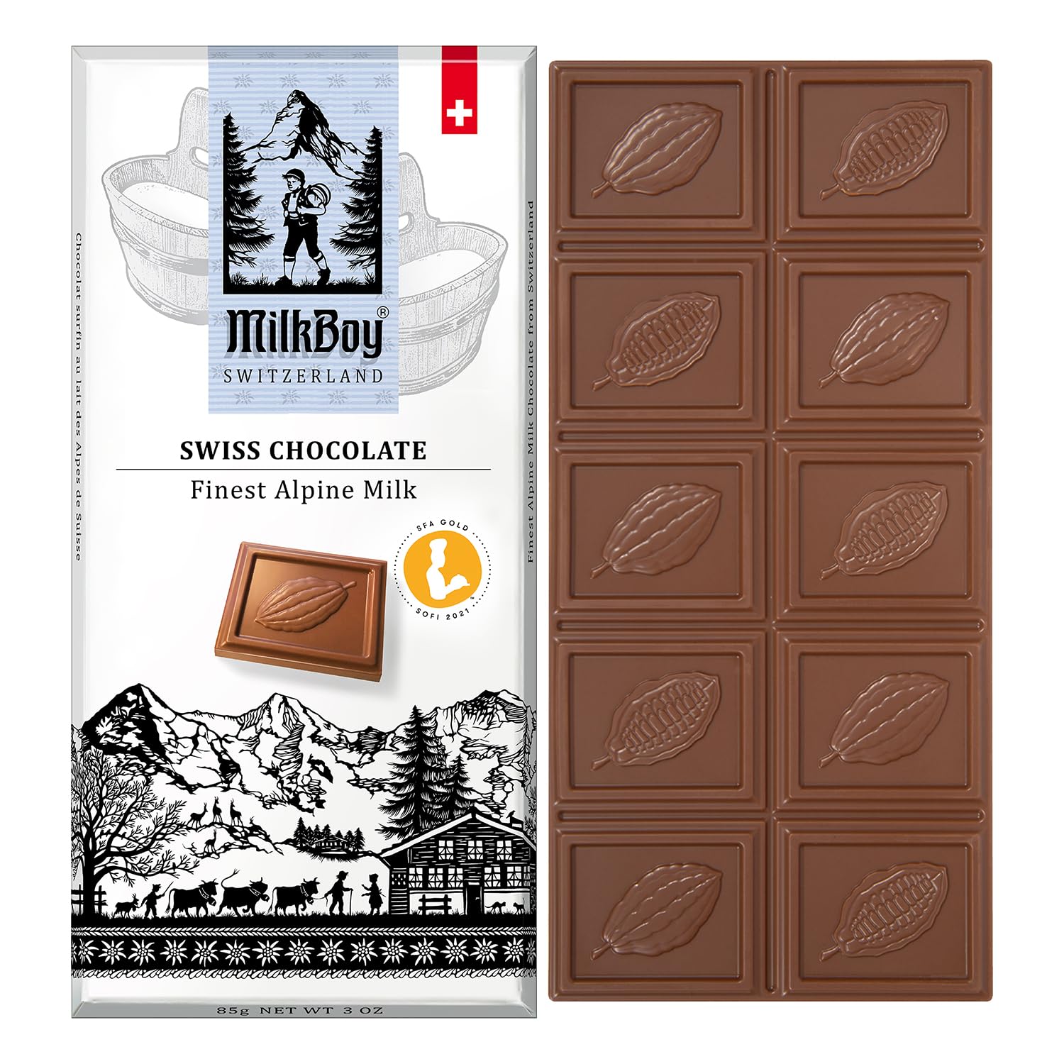 MilkBoy Swiss Chocolates Alpine Milk Chocolate Bars - 3 oz | Premium gourmet treat with creamy milk. Rainforest Alliance certified cocoa. Gluten free. Kosher. Crafted in Switzerland.