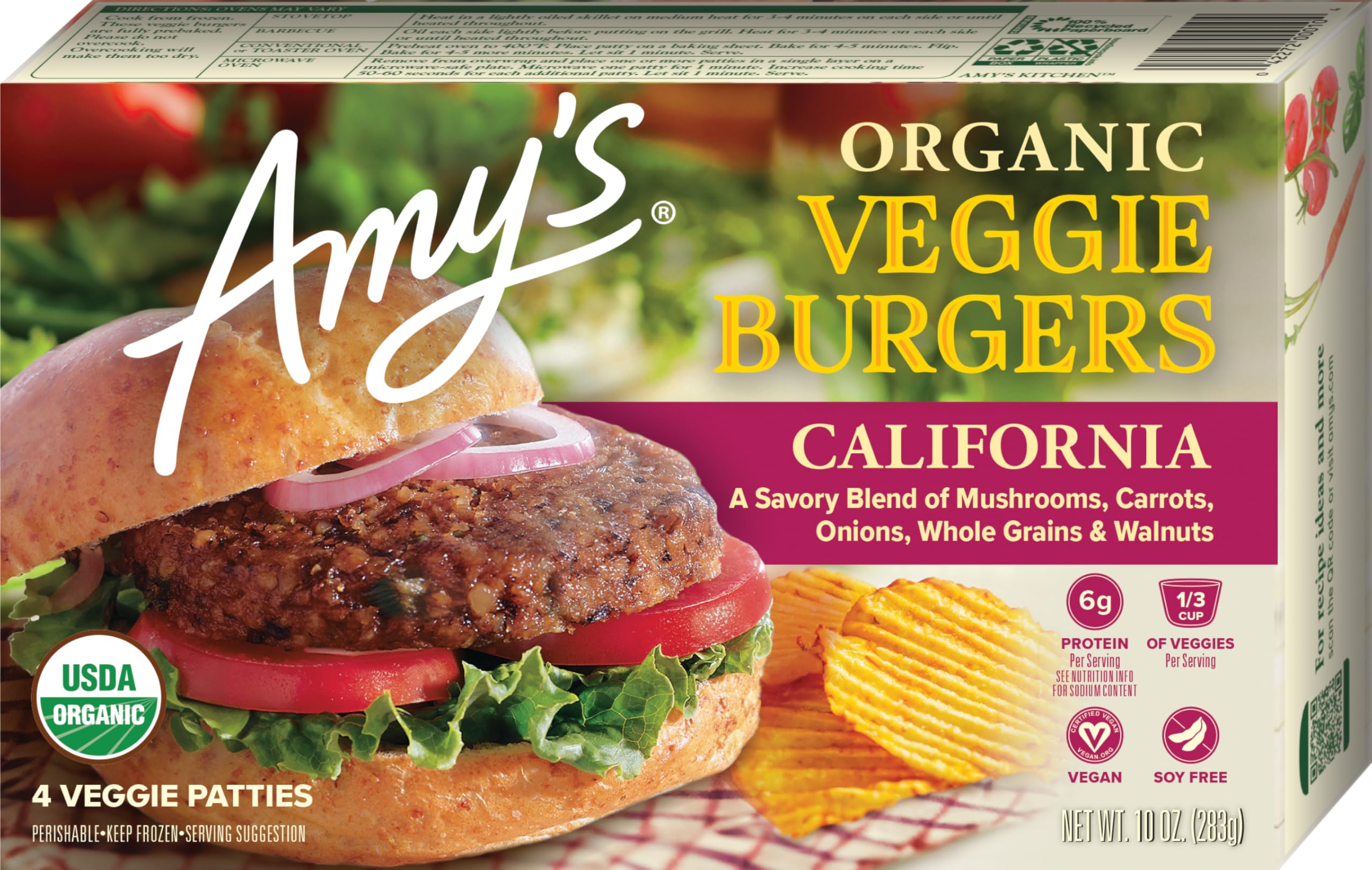 Amy's Frozen Meals, Vegan and Dairy Free Veggie Burger, (4 Pack) 10 oz | USDA Organic