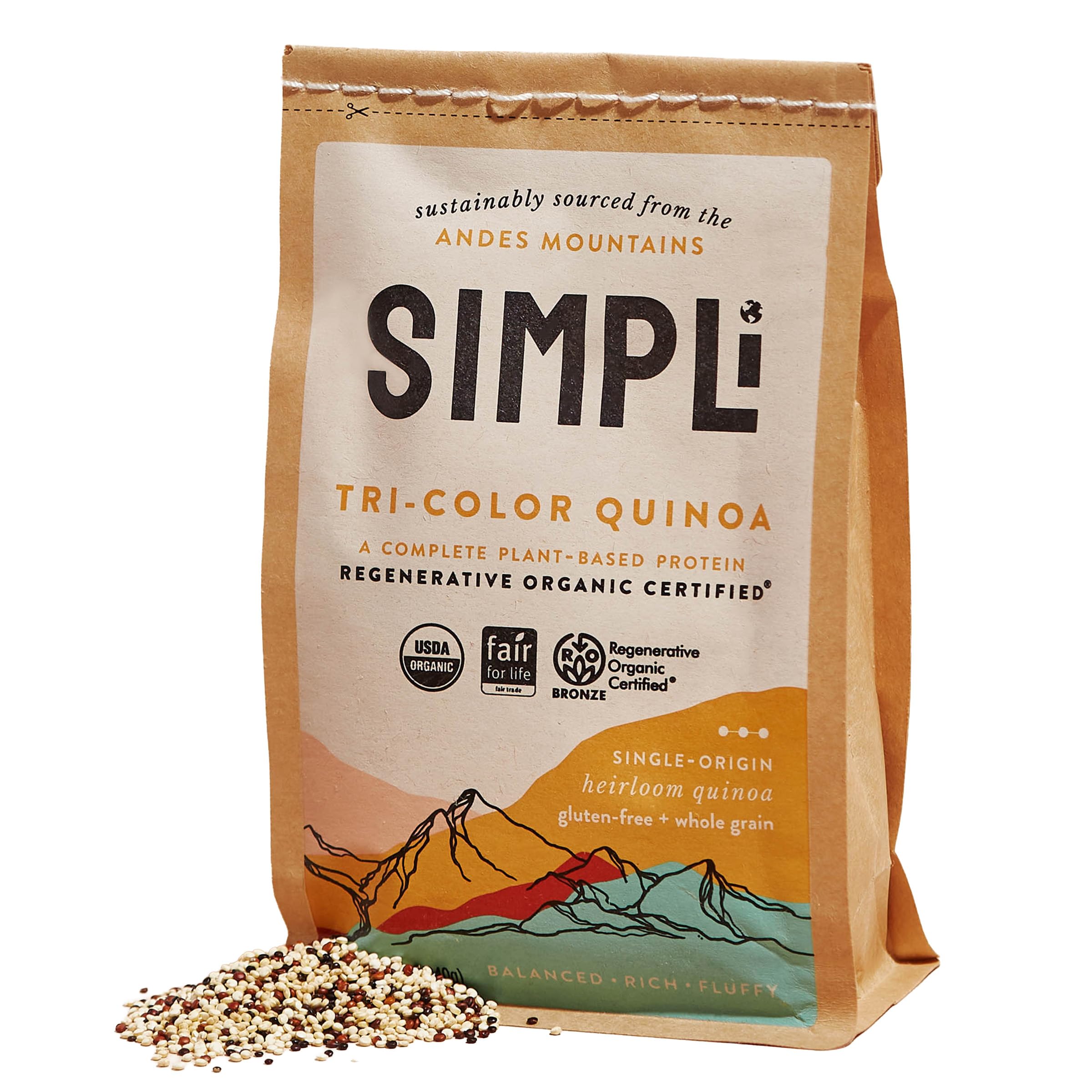 SIMPLi Regenerative Organic Certified Tri-Color Quinoa, 12 OZ (1-Pack) | Complete Plant Protein, Fiber & Antioxidants with Iron, Magnesium, Manganese & Copper for Nutrient-Dense Everyday Meals