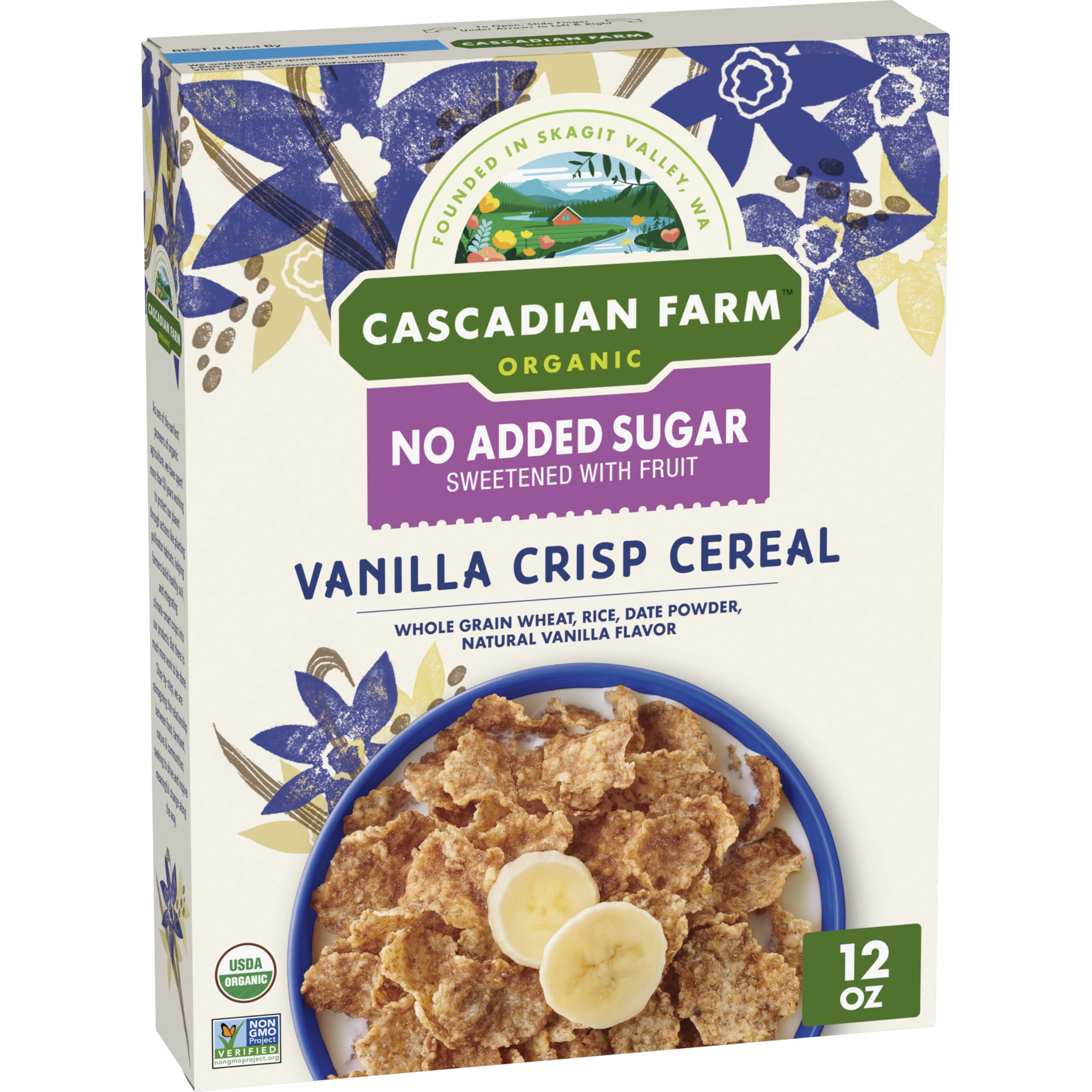 Cascadian Farm Organic Vanilla Crisp Cereal, No Added Sugar, 12 oz | 0g Added Sugar, Sweetened with Dried Date Powder, Vegan, Non-GMO Project Verified, 5g Fiber per Serving