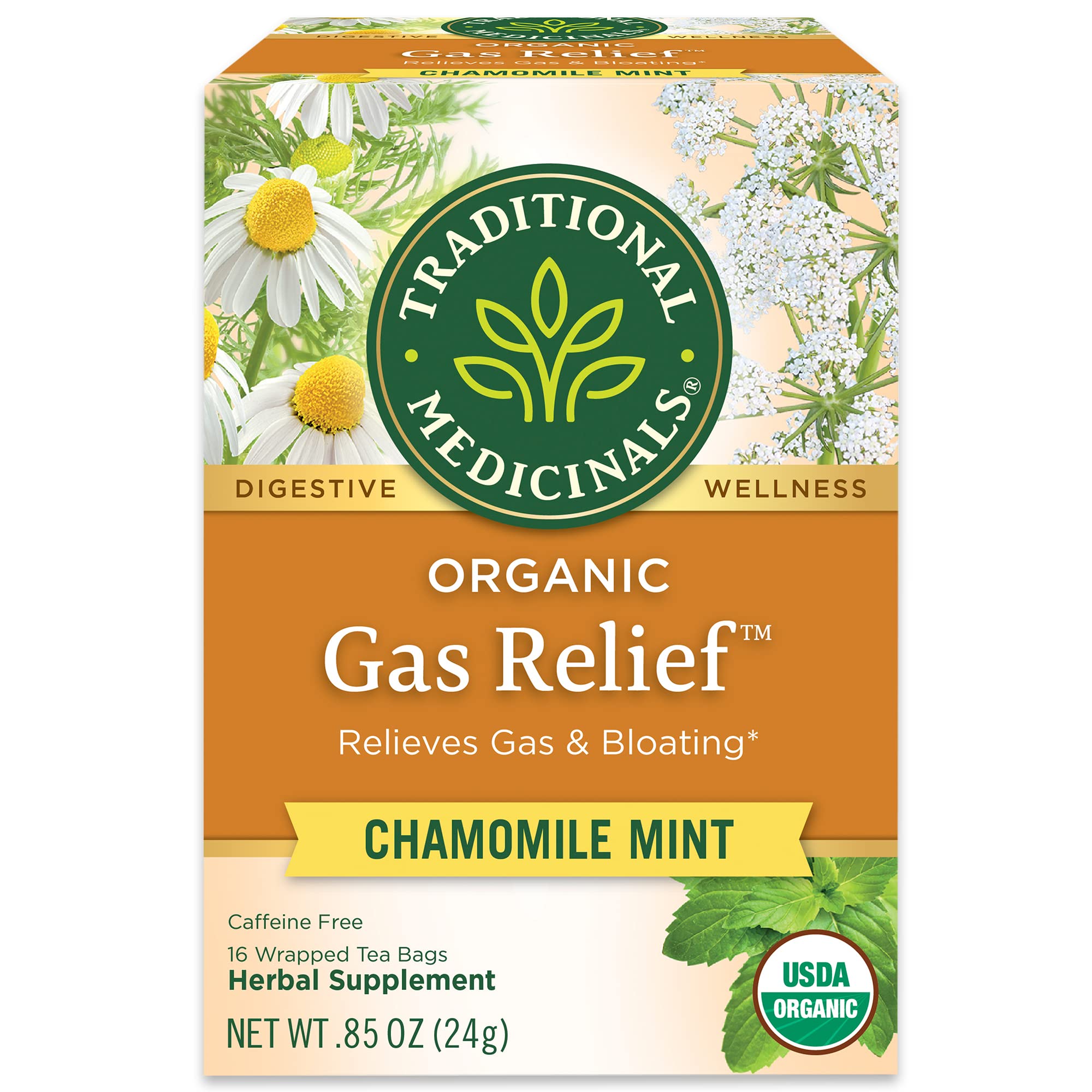 Traditional Medicinals Tea, Organic Gas Relief - Relieves Gas & Bloating, Chamomile Mint - Kosher, Non-GMO, Caffeine-Free - 16 Tea Bags