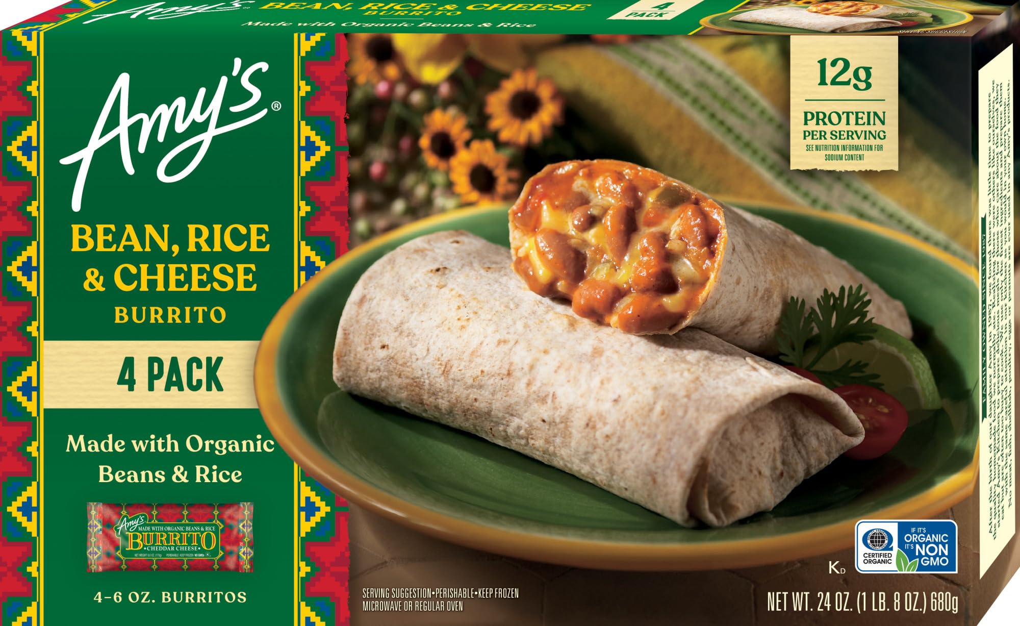 Amy's Burrito, Bean, Cheese & Rice, (4 Pack) 6.0 Ounce, Made with Organic