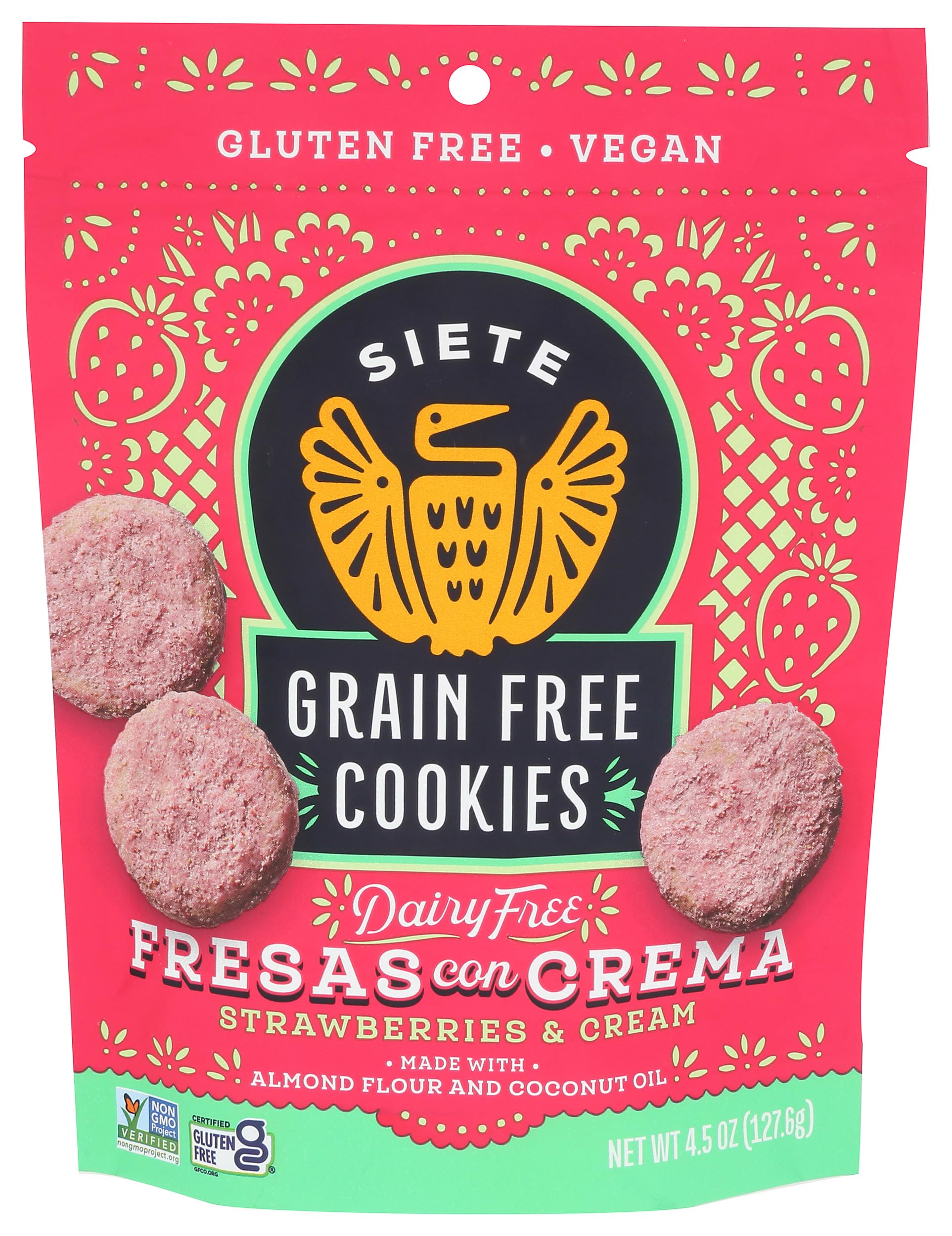 Siete Gluten Free Fresas Con Crema Cookies | Vegan | Grain Free | Non GMO | Dairy Free | Made with Almond Flour & Coconut Oil | 4.5 Oz. Bag (Pack of 1)