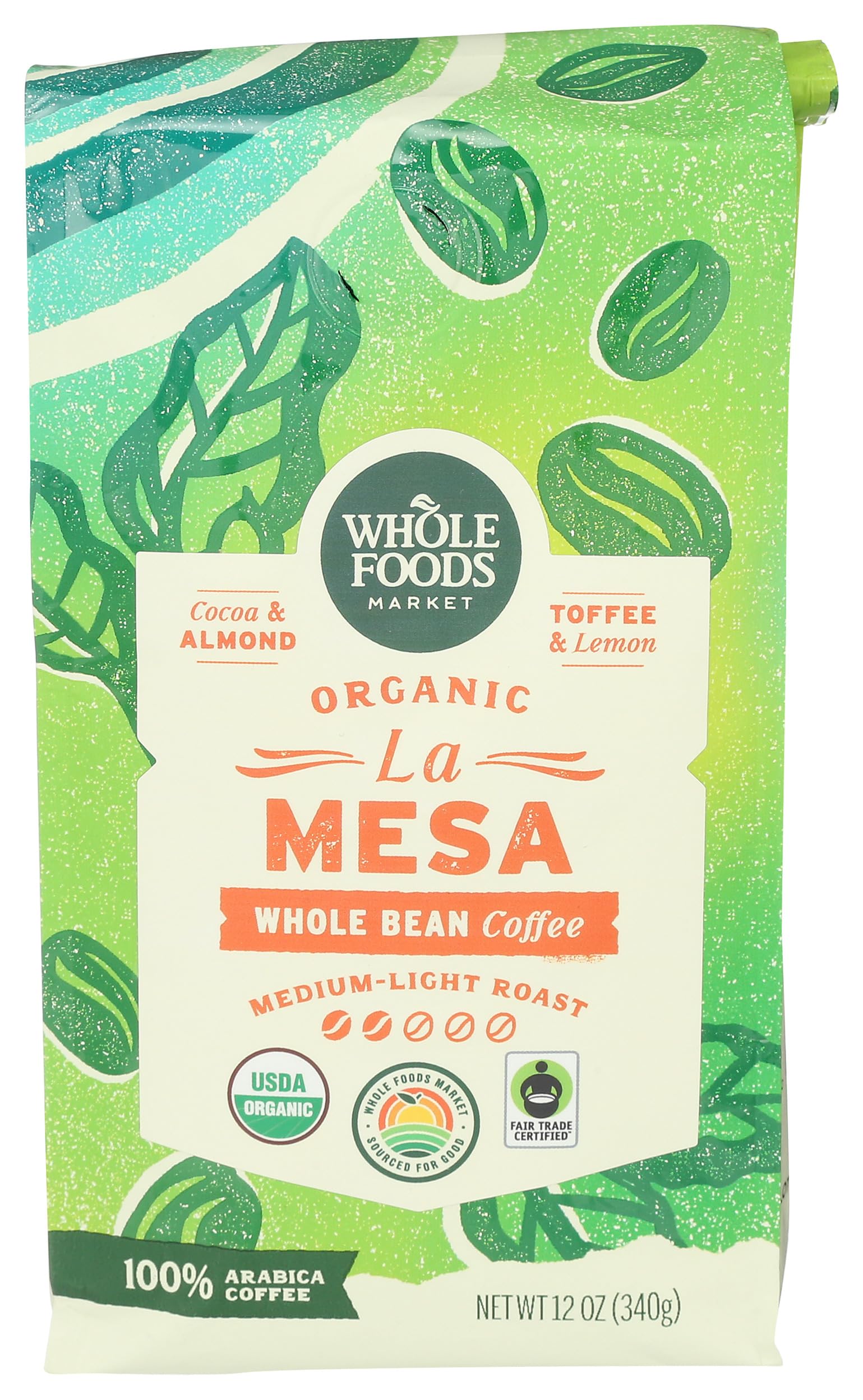 Organic La Mesa Whole Bean Coffee, Medium-Light Roast, Cocoa, Almond, Toffee & Lemon, 12 Ounce