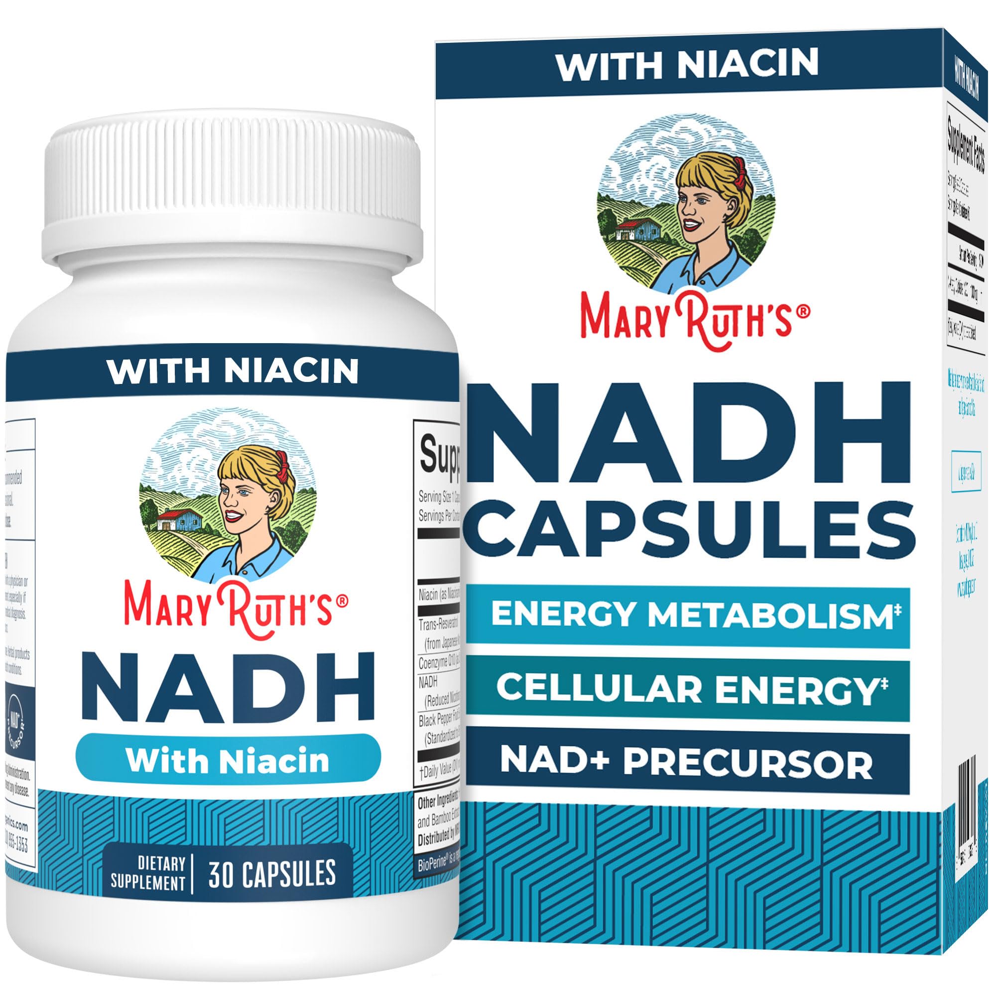 MARYRUTH'S NADH Capsules | Niacin | NAD+ Precursor | Trans-Resveratrol | CoQ10 | Cellular Energy | Energy Metabolism | Cognitive Function | Vegan | Gluten-Free | 1 Capsule Daily | 30 Servings