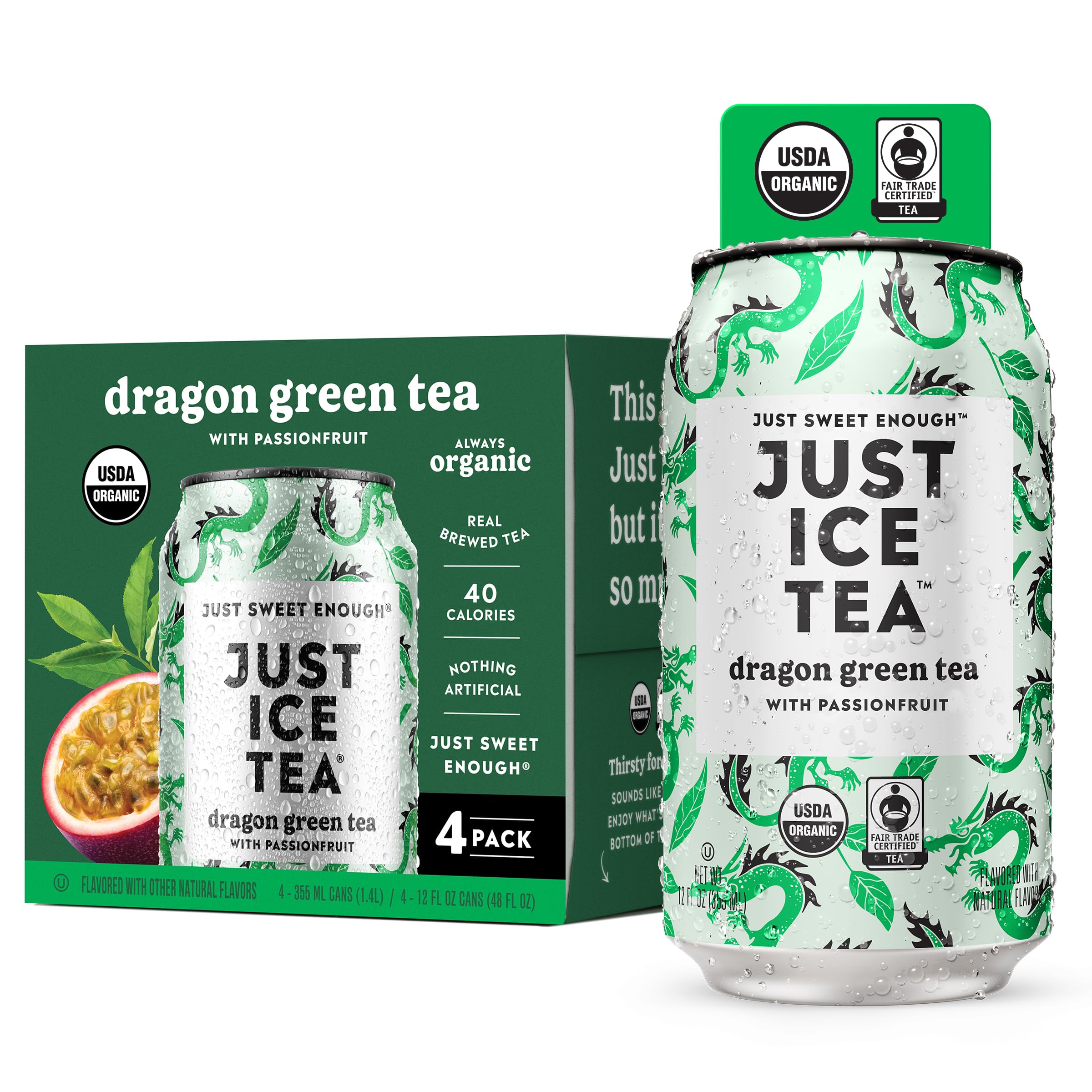 Dragon Green Iced Tea, 4-Pack (12oz Cans), Green Tea, USDA Certified Organic, Real Brewed, Low Calorie, No Artificial Sweeteners, Fair Trade, Made in USA.