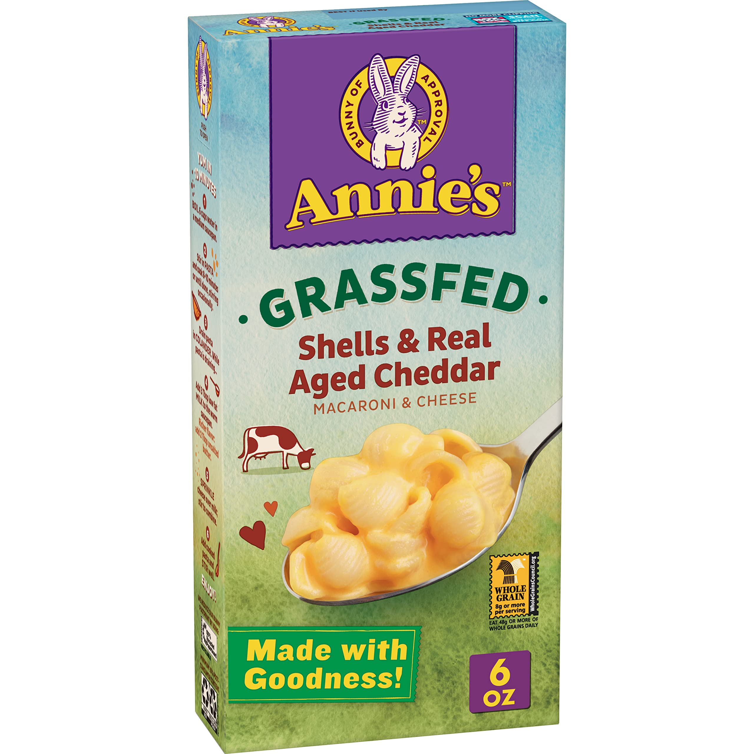 Annie's Organic Grass-Fed Shells & Real Aged Cheddar, 6 oz | Easy Kid Dinner or Snack, Made with Real Cheese, 8g Whole Grain Per Serving, Ready in About 10 Minutes