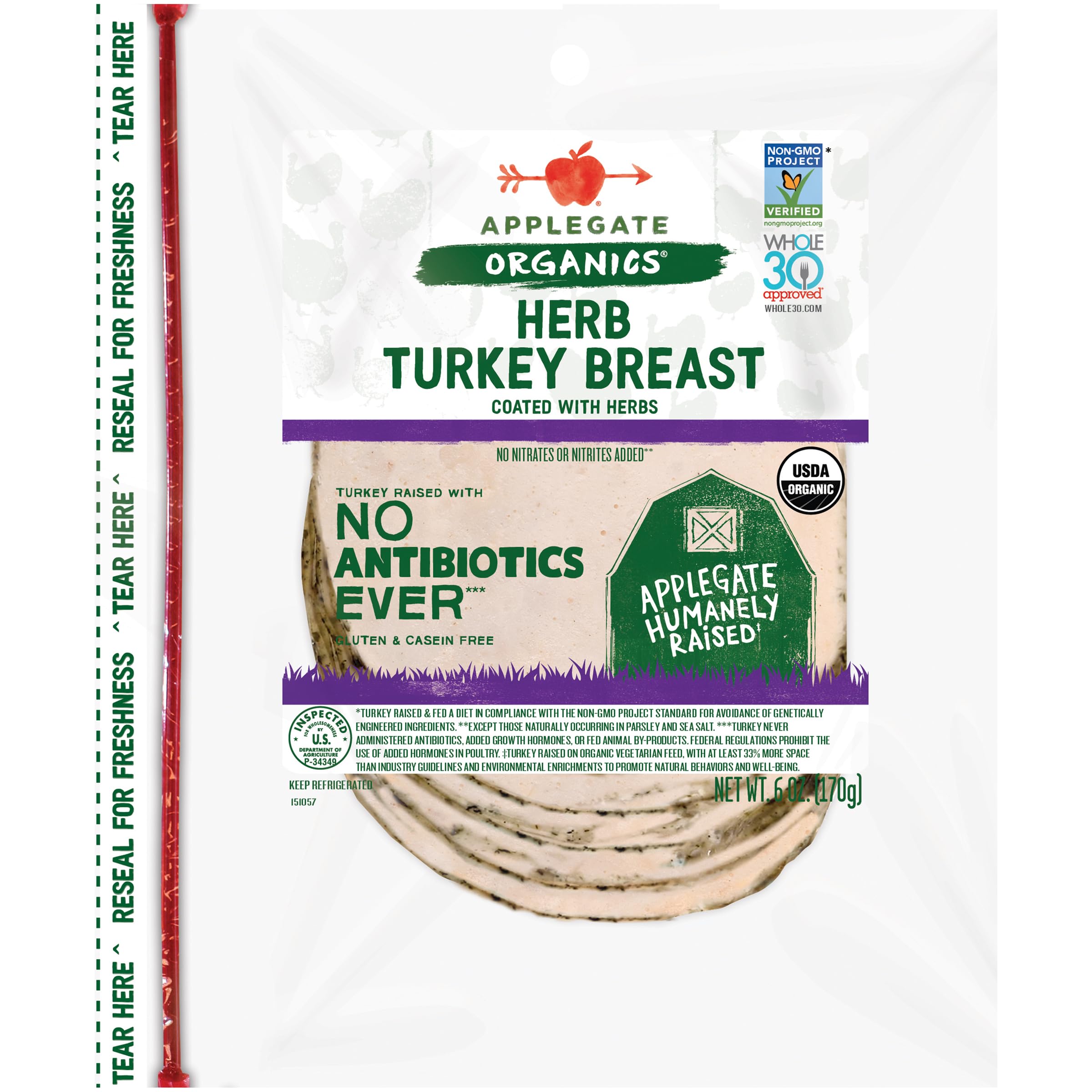 APPLEGATE ORGANICS Herb Turkey Breast, 6oz | No Antibiotics Ever, sandwhich sliced deli
