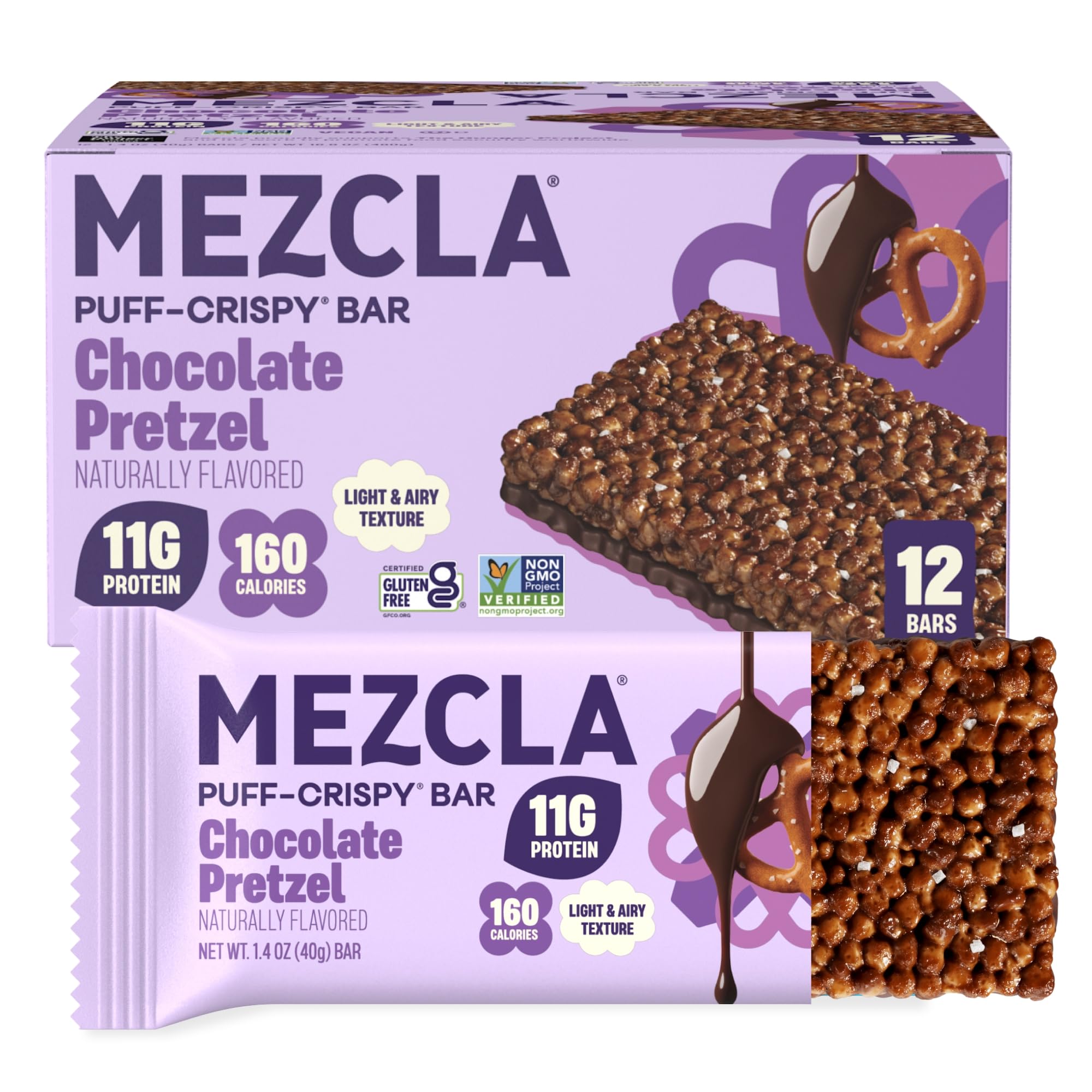 Mezcla Chocolate Pretzel Snack Bars, 11G Plant Based Protein Treat, 12 Ct. | Gluten Free - Vegan - Healthy Adult Snack Protein Bar - Rice Cake, Granola, Breakfast Bar Alternative - Light & Airy Texture