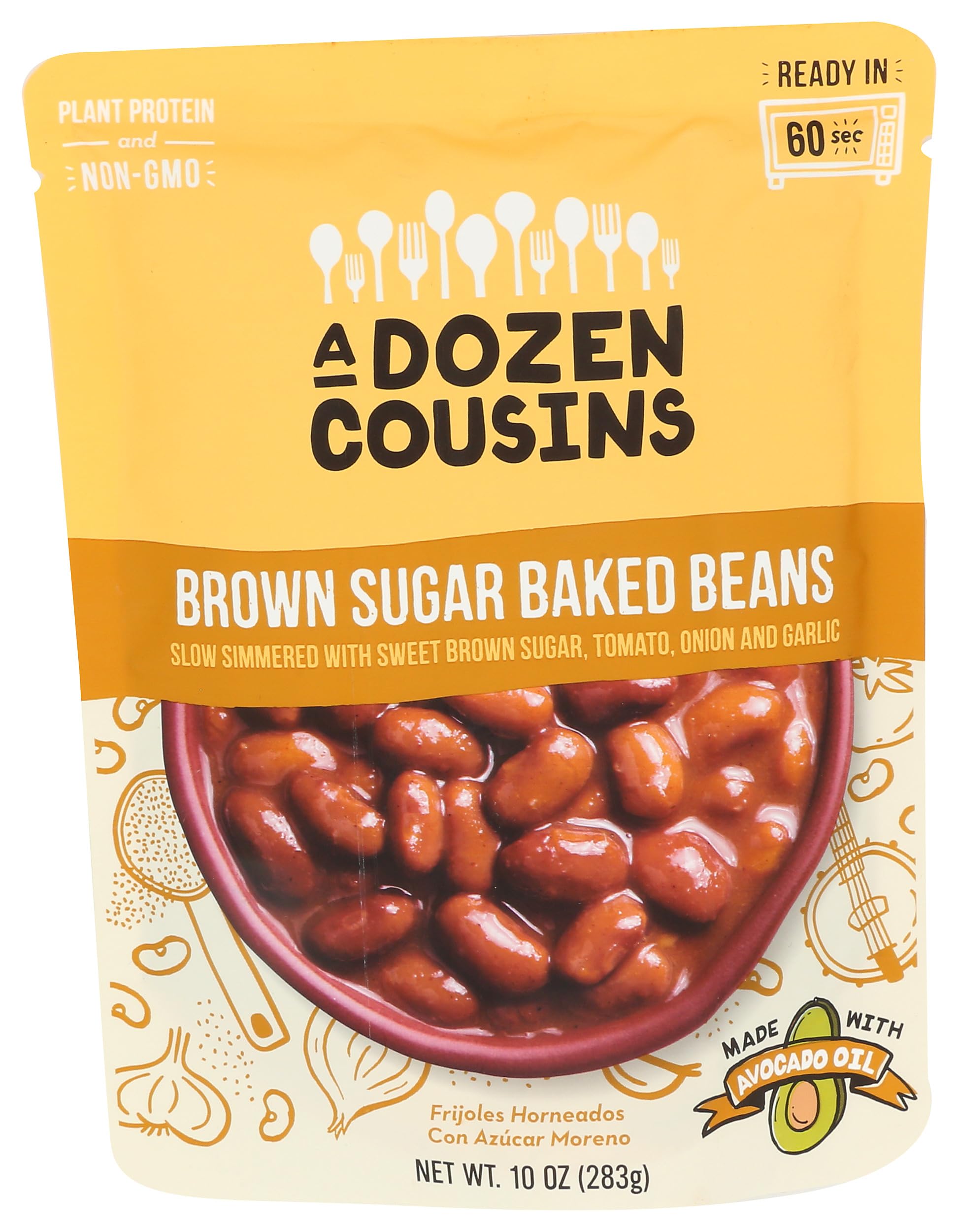 A Dozen Cousins Brown Sugar Baked Beans, Plant Protein & Fiber, 1-Pack | Ready-to-Eat Microwave Seasoned Pinto Beans Pouch, Non-GMO, Avocado Oil, Gluten Free, BPA-Free, Heat & Eat 60-Second Side