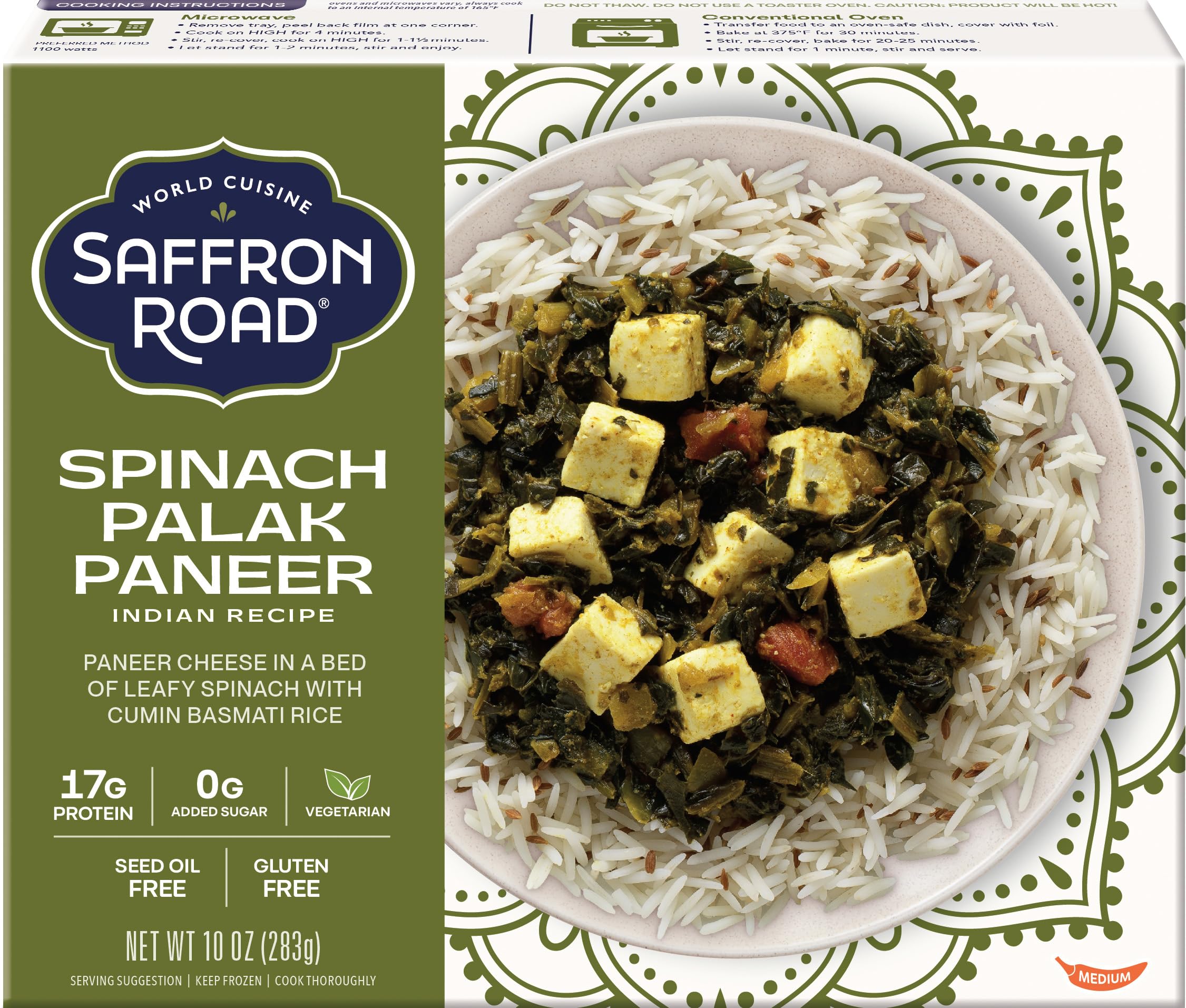 Saffron Road Frozen Spinach Palak Paneer – Seed Oil Free, No Artificial Ingredients, Gluten-Free, Vegetarian – 10 Ounce