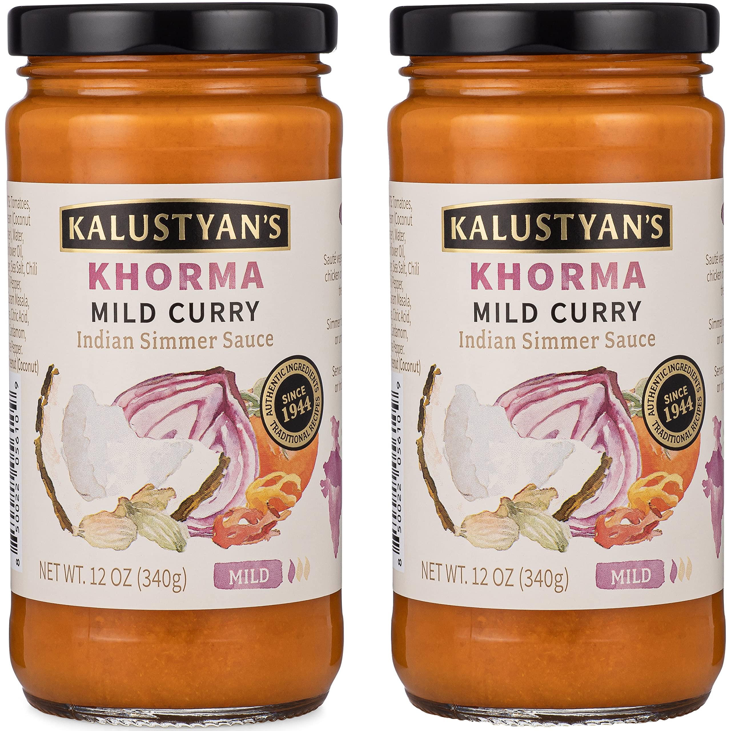 Kalustyan's Mild Sauce, Indian Simmer Sauce, Curry Sauce - From New York City's Favorite Spice Destination - Mild Curry with Notes of Cumin, Cardamom, Turmeric - Gluten-Free, Vegan, 12oz - 2 Pack