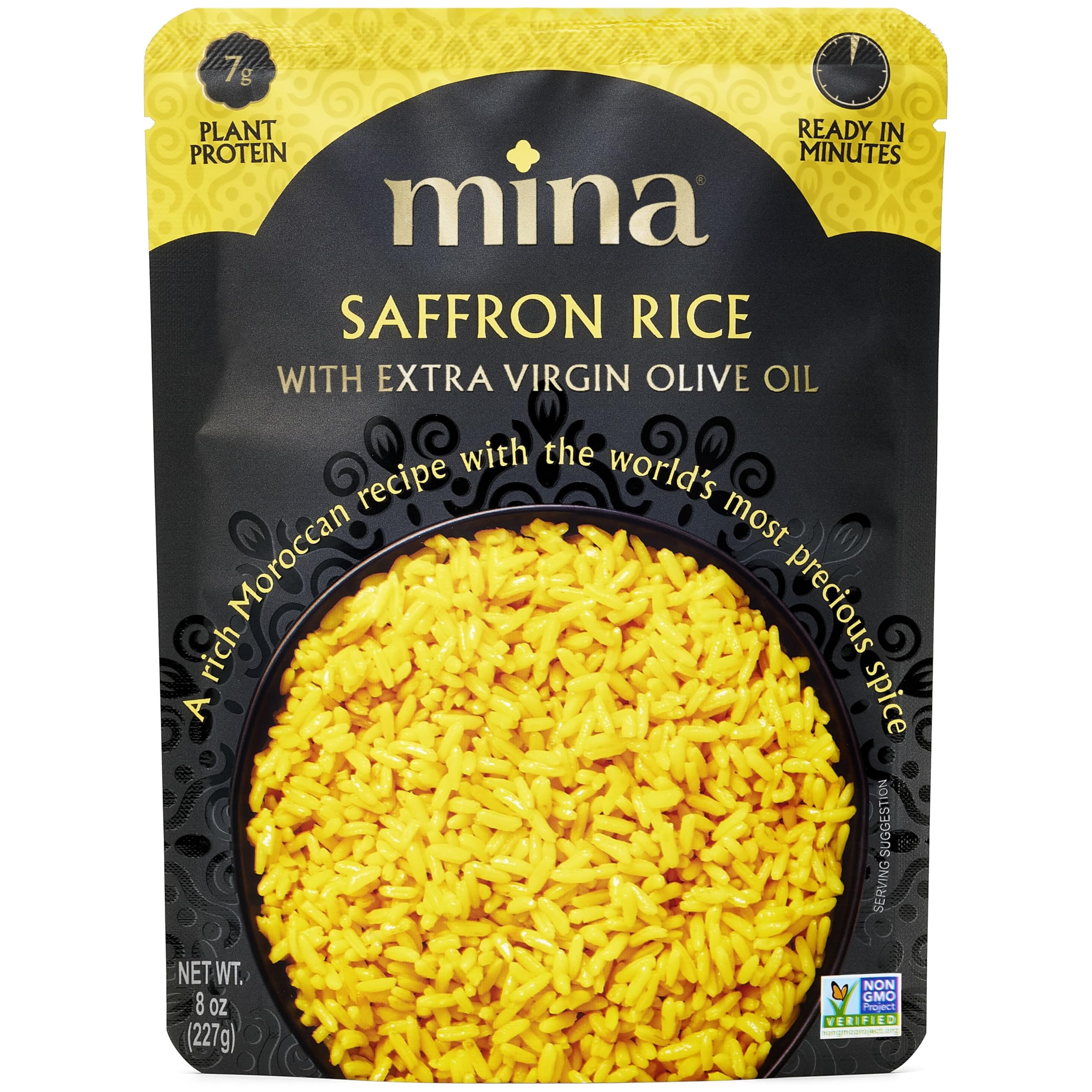 Mina Saffron Rice, Yellow Rice, With Extra Virgin Olive Oil, Ready to Eat Rice Pilaf, Side Dishes, Microwave Rice, Vegan Protein, Non-GMO, Gluten-Free, Kosher, 8 oz