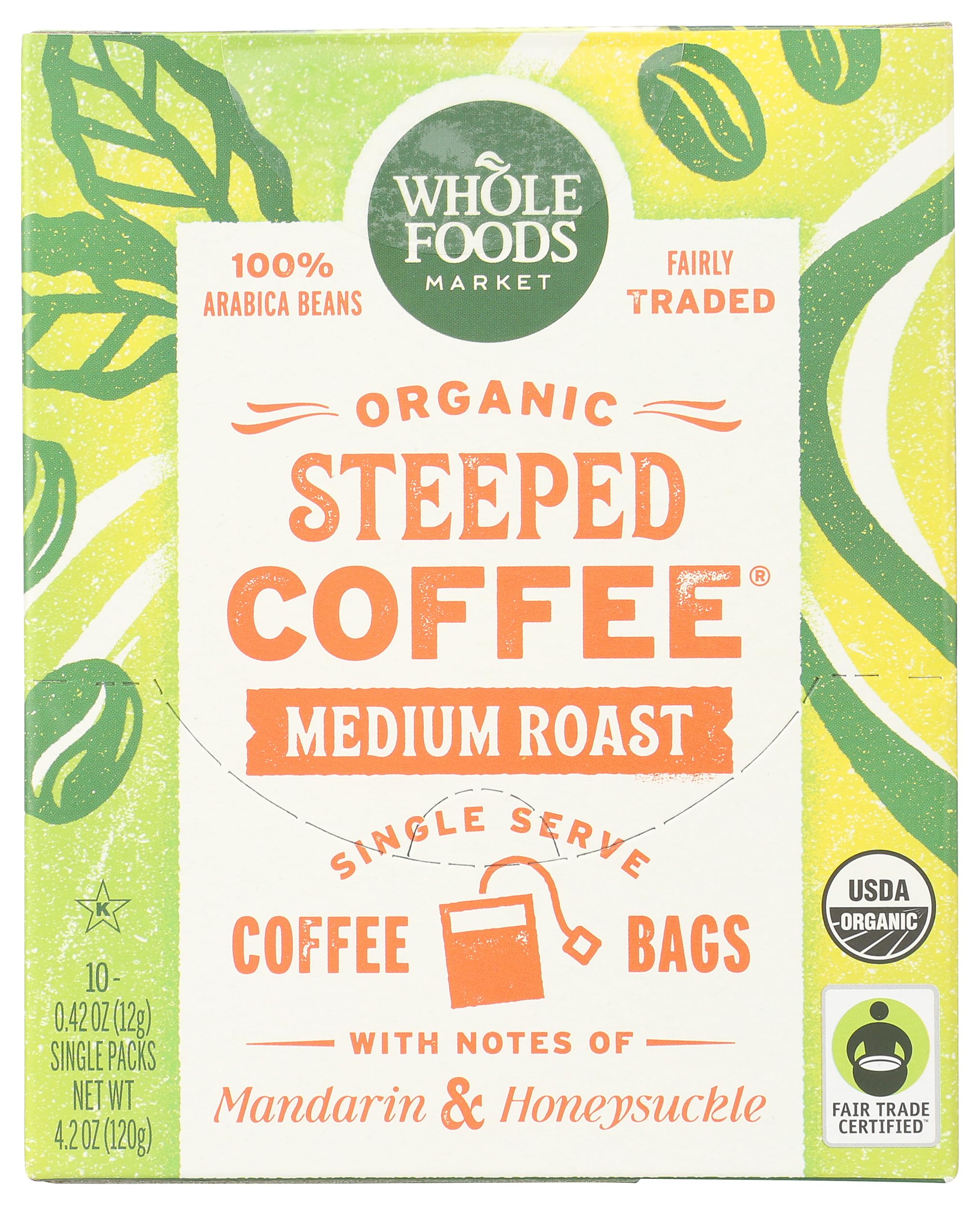 Organic Steeped Coffee, Medium Roast, Notes of Mandarin & Honeysuckle, Single Serve Bags, 10 Count